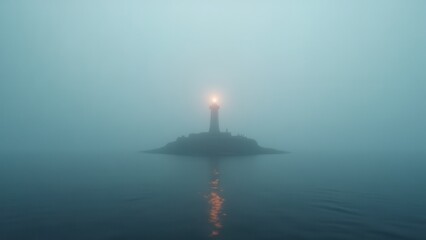 Fototapeta premium Lonely lighthouse on small rocky island surrounded by fog and still water 