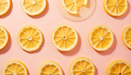 A uniform pattern of dried lemon slices casting subtle shadows, arranged neatly on a soft pink background in a flat lay style, perfect for summer