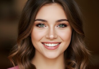Fototapeta premium Beautiful Smiling Woman with Green Eyes, Healthy Teeth, and Natural Makeup. Portrait of Attractive Female.
