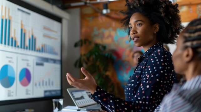 Successful Black female executive director presents e-commerce fintech growth statistics to investors, with big data analysis on a whiteboard in a diverse office meeting.

