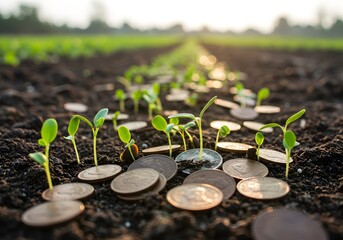 Growing Seeds and Coins Financial Investment in Agriculture, Sustainable Growth Concept.