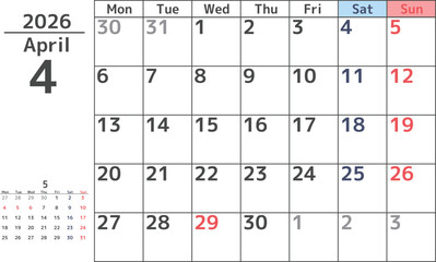 シンプルなデザインの2026年4月の月曜始まりマンスリーカレンダー素材