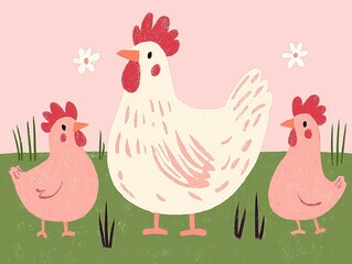Charming Illustration of Hen and Chicks in Pastel Colors, Generative AI.