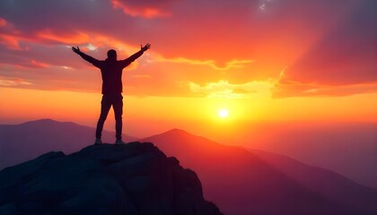 A person standing triumphantly on top of a mountain, silhouetted against the vibrant hues of a sunset, perfect for summer sport vibes