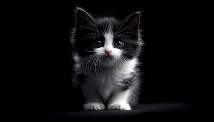 Obraz premium An adorable black and white kitten, captured in a miniature tilt-shift effect, isolated in a high-resolution studio shot.