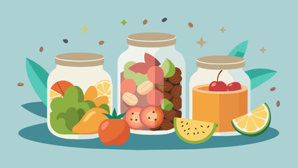 Fototapeta premium A charming DIY trail mix display featuring adorable jars of fruit and nut blends like cherry almond crunch and tropical paradise perfect for any. Vector illustration