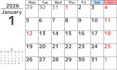 シンプルなデザインの2026年1月の月曜始まりマンスリーカレンダー素材