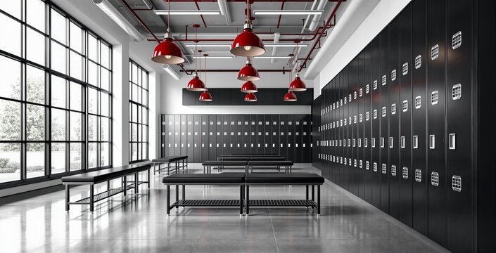 Spacious locker room interior with minimalist modern design, featuring red hanging lamps and metal lockers, on a clean bright background. Ai generative