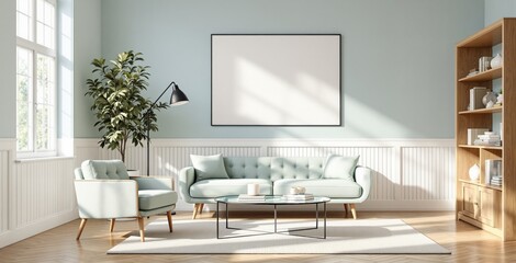 Elegant interior with blank poster on pastel wall, modern furniture, wooden decor, sunlit cozy room background, concept of mockup and design layout. Ai generative