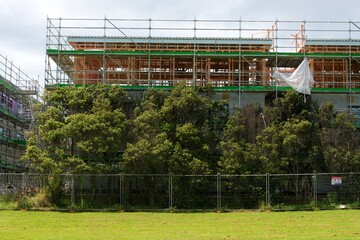 Fototapeta premium Construction Site with Scaffold Behind Lush Trees - Urban Meets Nature