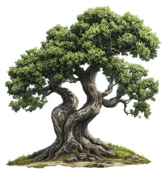 Ancient, gnarled tree on a hilltop, isolated