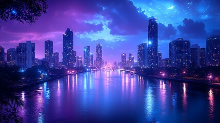 Fototapeta premium Cityscape at Dusk: A mesmerizing cityscape unfolds at dusk, where towering structures are beautifully reflected in the serene waters of a tranquil river, against a canvas of vibrant blues and purples.