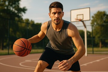 Focused athlete playing basketball outdoors.