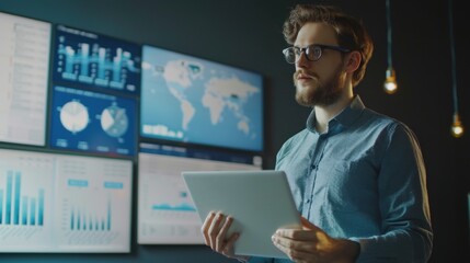 Male monitoring specialist holding a laptop and standing next to a big digital screen with graphs and charts, analyzing data and performance records in the office.

