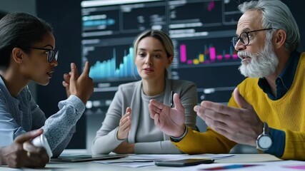 A group of professionals discussing ideas in a modern office, depicting teamwork, innovation and creativity
