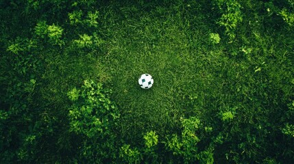 Soccer ball abandoned in new standard park sports scene natural setting aerial view playful concept