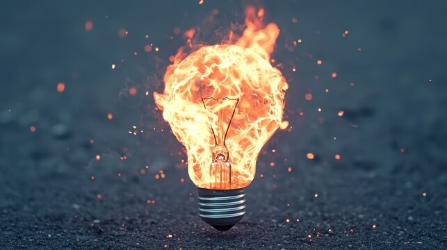 Flaming Light Bulb on Dark Ground Burning Bright Idea Concept Image