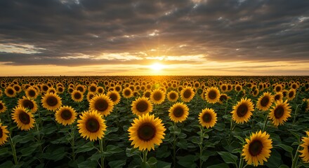 Fototapeta premium Sunflower field at sunrise, golden hour glow, dramatic cloudy sky.