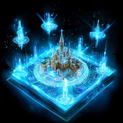 Magical castle creation fantasy realm digital art enchanted environment aerial view visual concept