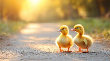 Two yellow ducklings stand on a path bathed in warm sunlight