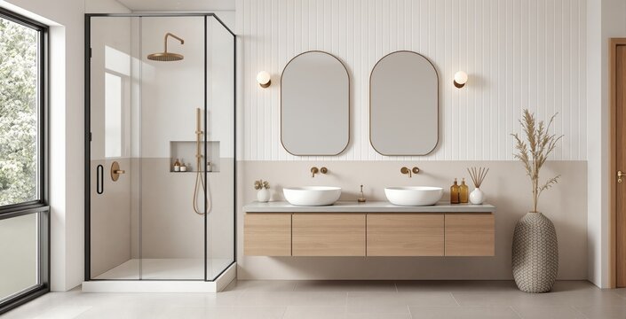 Minimalist modern bathroom interior with wooden floating vanity, dual mirrors, and glass shower, styled in soft beige tones, on neutral background. Ai generative