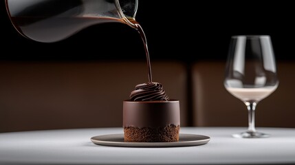Rich dark chocolate sauce is poured over a decadent chocolate mousse dessert in an elegant restaurant setting.
