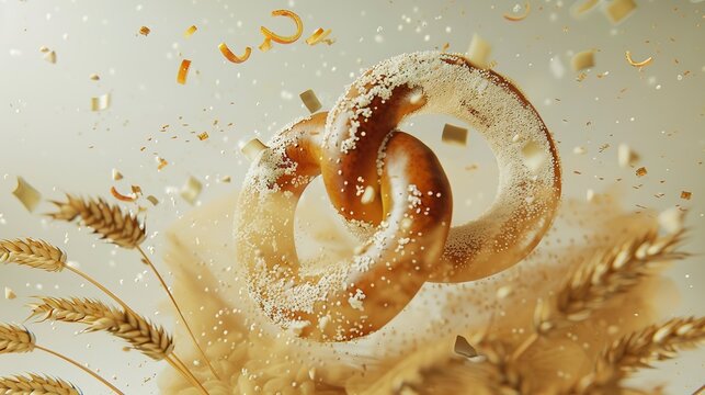 Savor the Classic Salty Aroma: The Allure of Soft Pretzels! The picture focuses on the golden and attractive soft pretzels, evenly covered with coarse salt grains that glisten under the light. Its uni