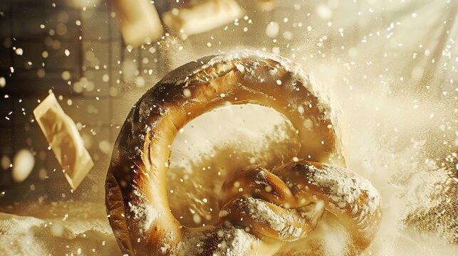 Savor the Classic Salty Aroma: The Allure of Soft Pretzels! The picture focuses on the golden and attractive soft pretzels, evenly covered with coarse salt grains that glisten under the light. Its uni