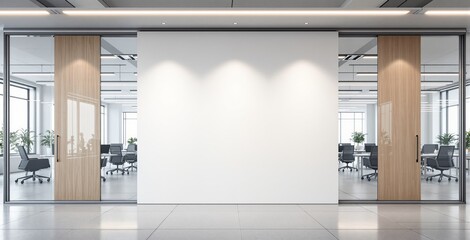 Minimalist office interior with a blank white wall mockup, modern design style, set between glass partitions and wooden doors in a business setting. Ai generative