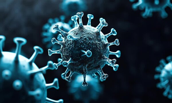 Microscopic view of spiky, blue-toned disease, floating against a dark background. Intricate cellular structures are visible