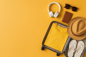Travel essentials on yellow background.