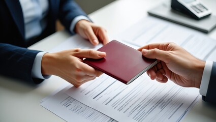 A professional exchange of a passport between two businesspeople at a desk filled with documents in an office setting