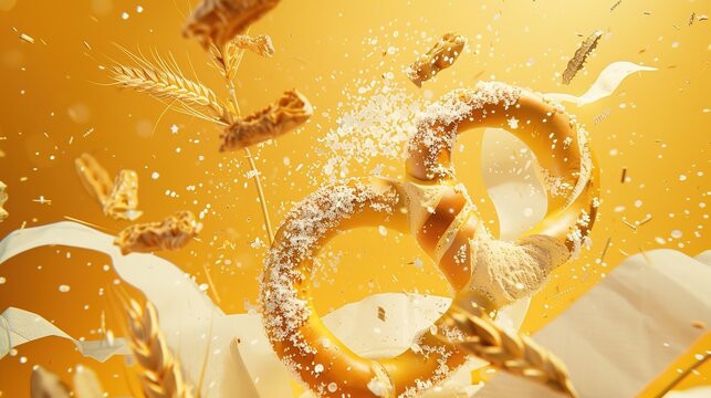 Savor the Classic Salty Aroma: The Allure of Soft Pretzels! The picture focuses on the golden and attractive soft pretzels, evenly covered with coarse salt grains that glisten under the light. Its uni