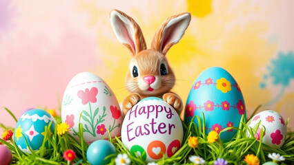 Felices Pascuas: Conejo de pascua posando con huevos pintados I.A