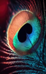 Obraz premium Close-up of a Peacock Feather Displaying Vibrant Colors and Intricate Details