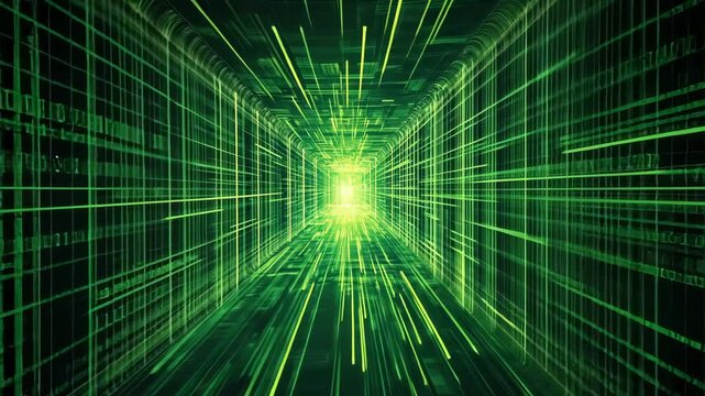 Vibrant Digital Tunnel of Green Binary Code Futuristic Journey Through Abstract Technology and Motion