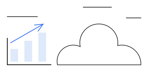 Minimalist bar chart with upward arrow beside a cloud outline, symbolizing growth, data, and cloud tech. Ideal for innovation, analysis, progress, strategy, tech business growth flat simple