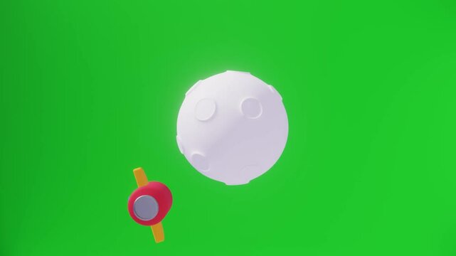 Loop 3D Animation of a Rocket Around the Moon. Green Screen Background