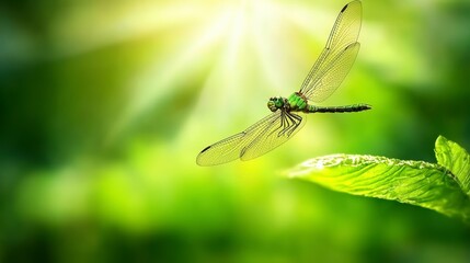 Fototapeta premium Dragonfly in flight lush green nature macro photography bright environment close-up view serenity concept