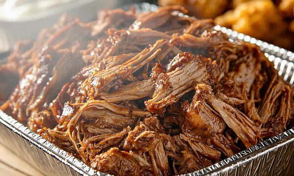 A delicious, glistening pile of savory shredded meat sits in a foil tray, ready to be enjoyed