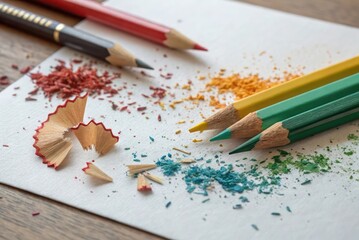 "An artistic flat lay of colored pencils placed on a white paper sheet, with pencil shavings and color dust scattered around. The image captures the essence of creativity and art in progress."