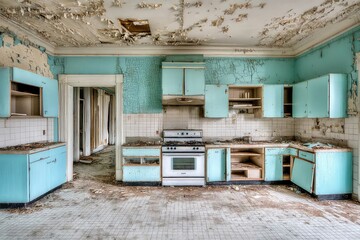 Abandoned kitchen with peeling paint and broken cabinets