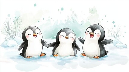 Obraz premium Three cheerful cartoon penguins stand together in a snowy landscape, surrounded by soft blue and green hues, radiating joy and playfulness.