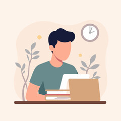 Young man studying with laptop and books in a calm environment  