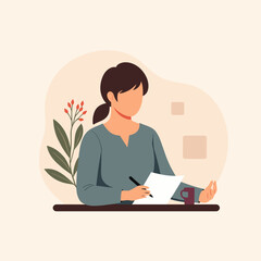 Young woman writing notes with a cup and plant background  