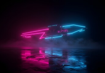 Futuristic Neon Spaceship Render Pink and Blue Glow, Cyberpunk Aesthetic, Dark Background, Sci-Fi Concept, Digital Art