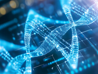 Exploring genetic data patterns virtual lab digital artwork futuristic environment abstract viewpoint biotechnology concept