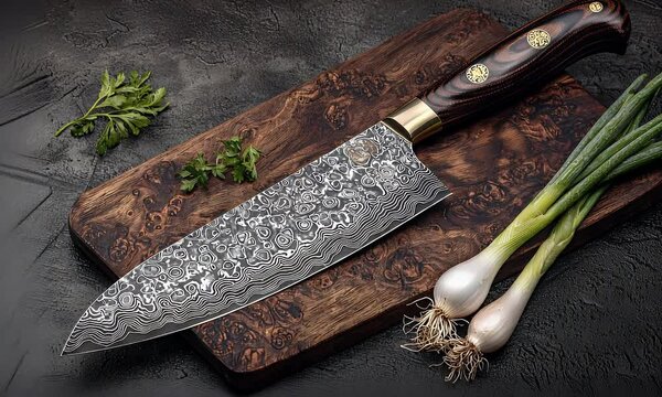 A sharp, ornate chef's knife rests on a wooden board next to some green onions and parsley against a gray textured background
