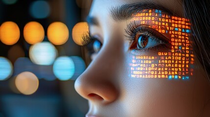 Woman's profile, digital data over face, tech future. Bright blurred lights bokeh