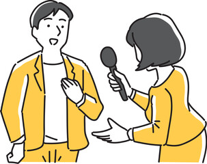 男性にインタビューする女性